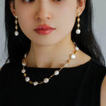 Gold Lava Coin Baroque Pearls Long Drop Earrings - floysun