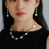 Gold Lava Coin Baroque Pearls Long Drop Earrings - floysun