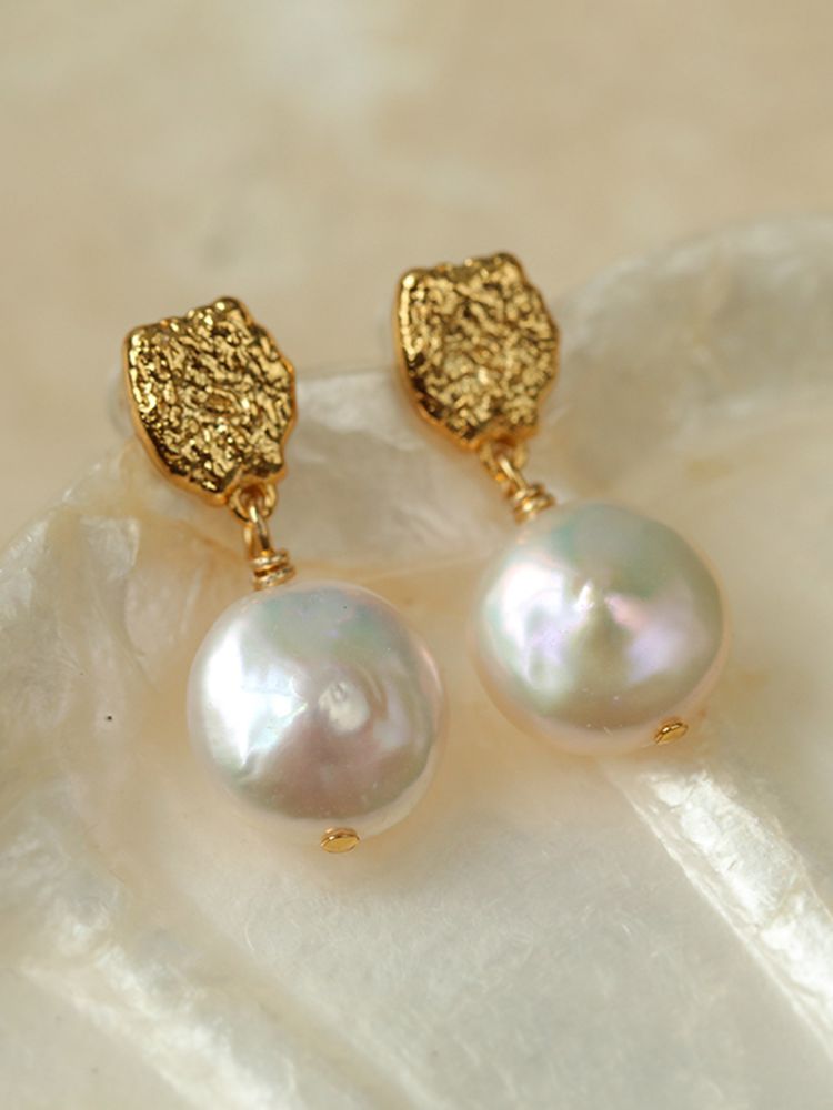 Gold Lava Coin Baroque Pearls Long Drop Earrings - floysun