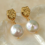 Gold Lava Coin Baroque Pearls Long Drop Earrings - floysun