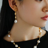 Gold Lava Coin Baroque Pearls Long Drop Earrings - floysun