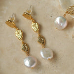 Gold Lava Coin Baroque Pearls Long Drop Earrings - floysun