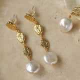 Gold Lava Coin Baroque Pearls Long Drop Earrings - floysun