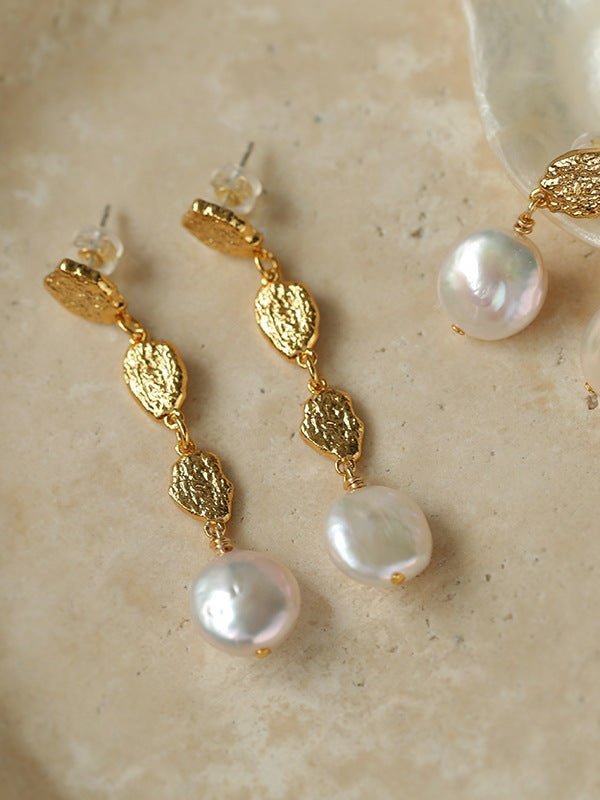 Gold Lava Coin Baroque Pearls Long Drop Earrings - floysun