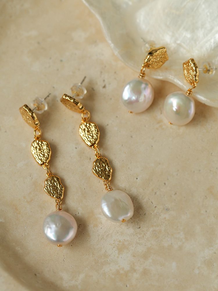 Gold Lava Coin Baroque Pearls Long Drop Earrings - floysun