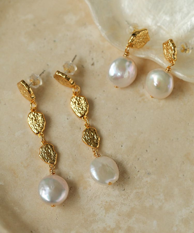 Gold Lava Coin Baroque Pearls Long Drop Earrings - floysun