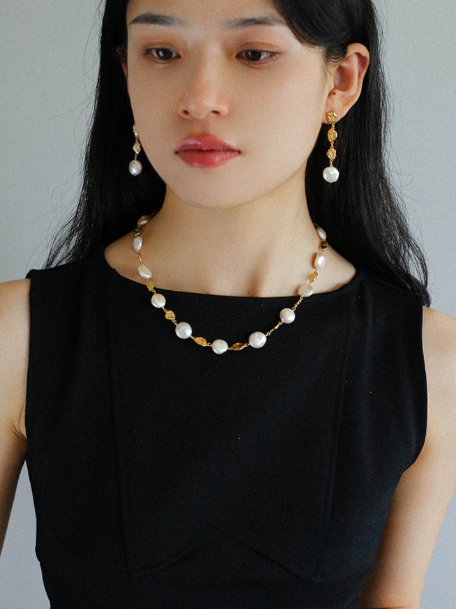 Gold Lava Coin Baroque Pearls Long Drop Earrings - floysun