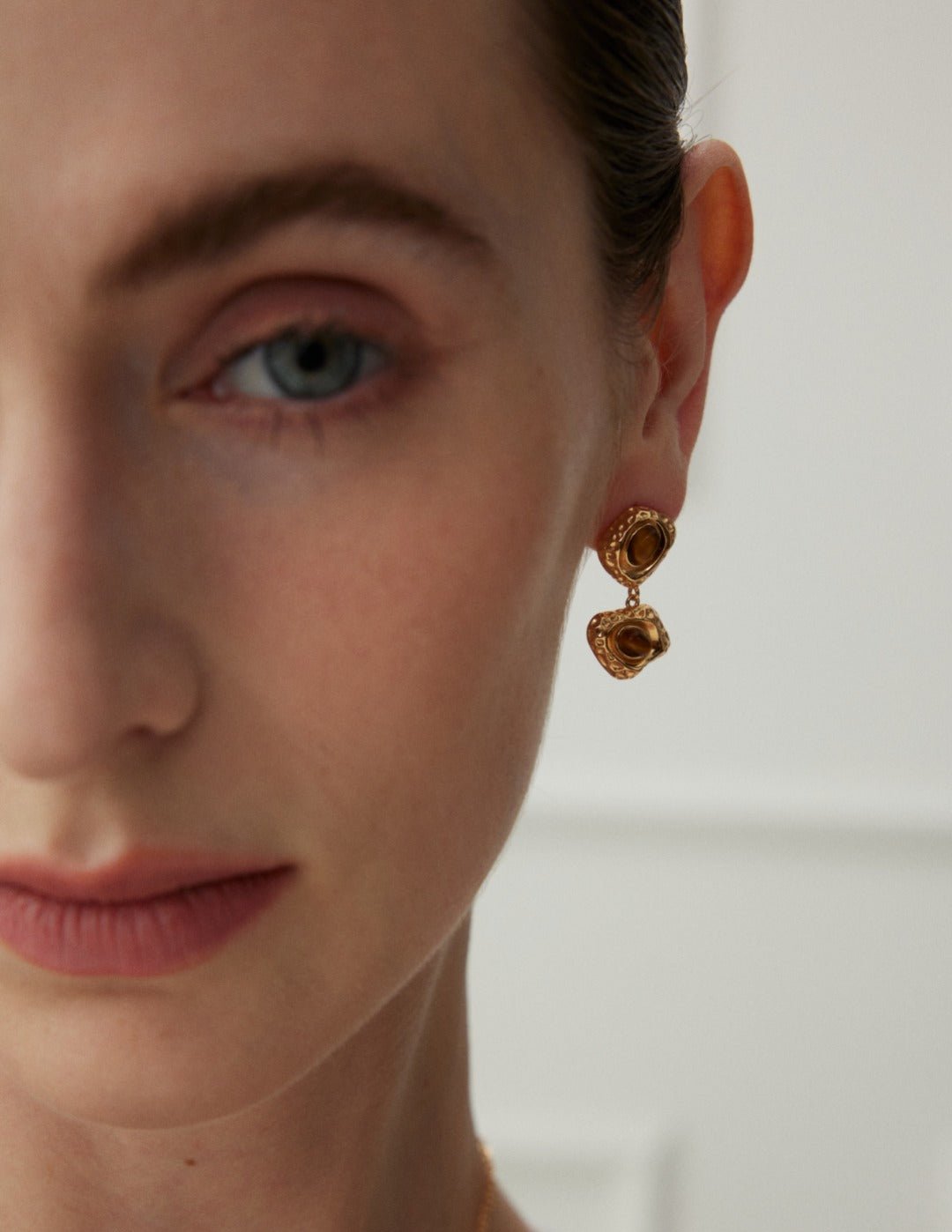 Golden Two Irregular Tigers Eye Stone Earrings - floysun