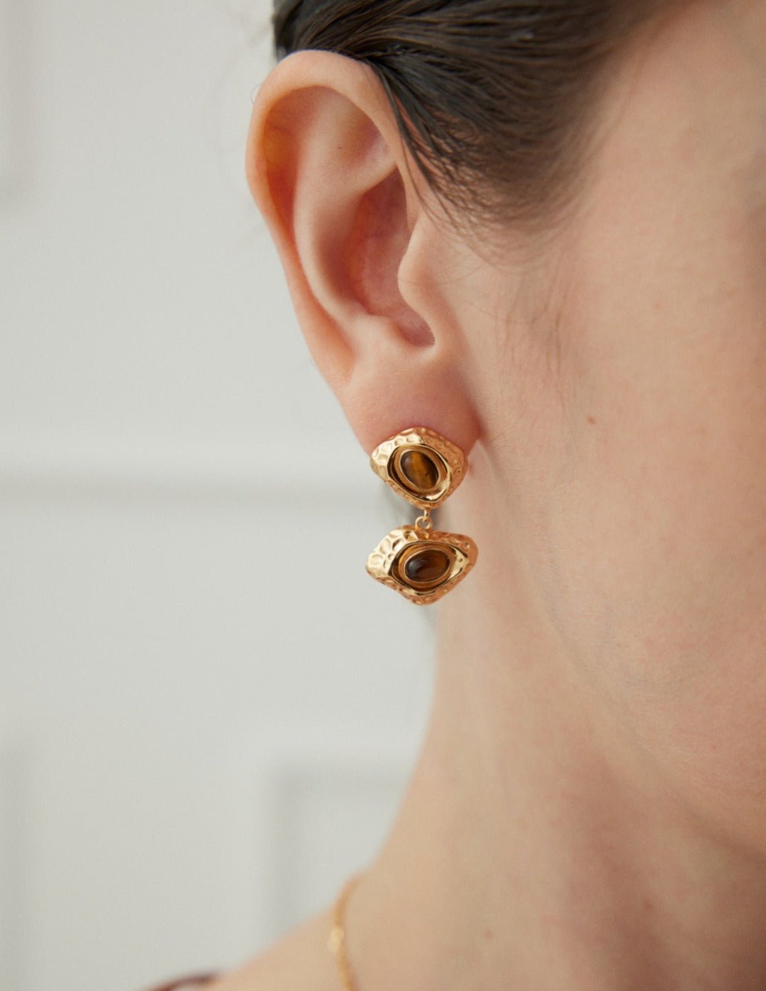 Golden Two Irregular Tigers Eye Stone Earrings - floysun