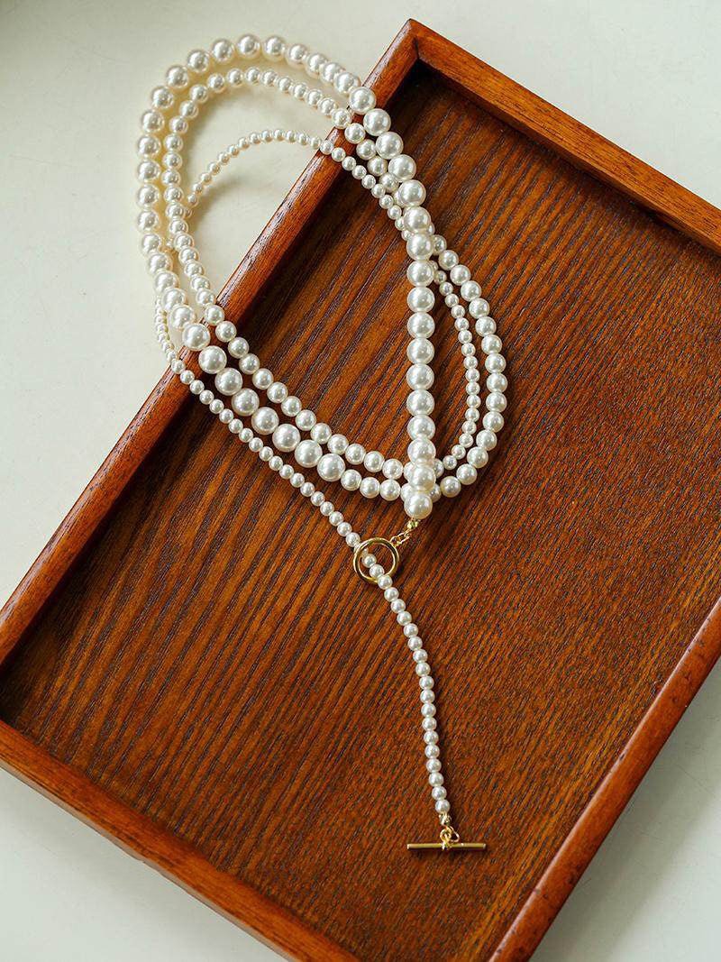 Gradient Pearl Long OT Clasp Necklace Sweater Necklace - floysun