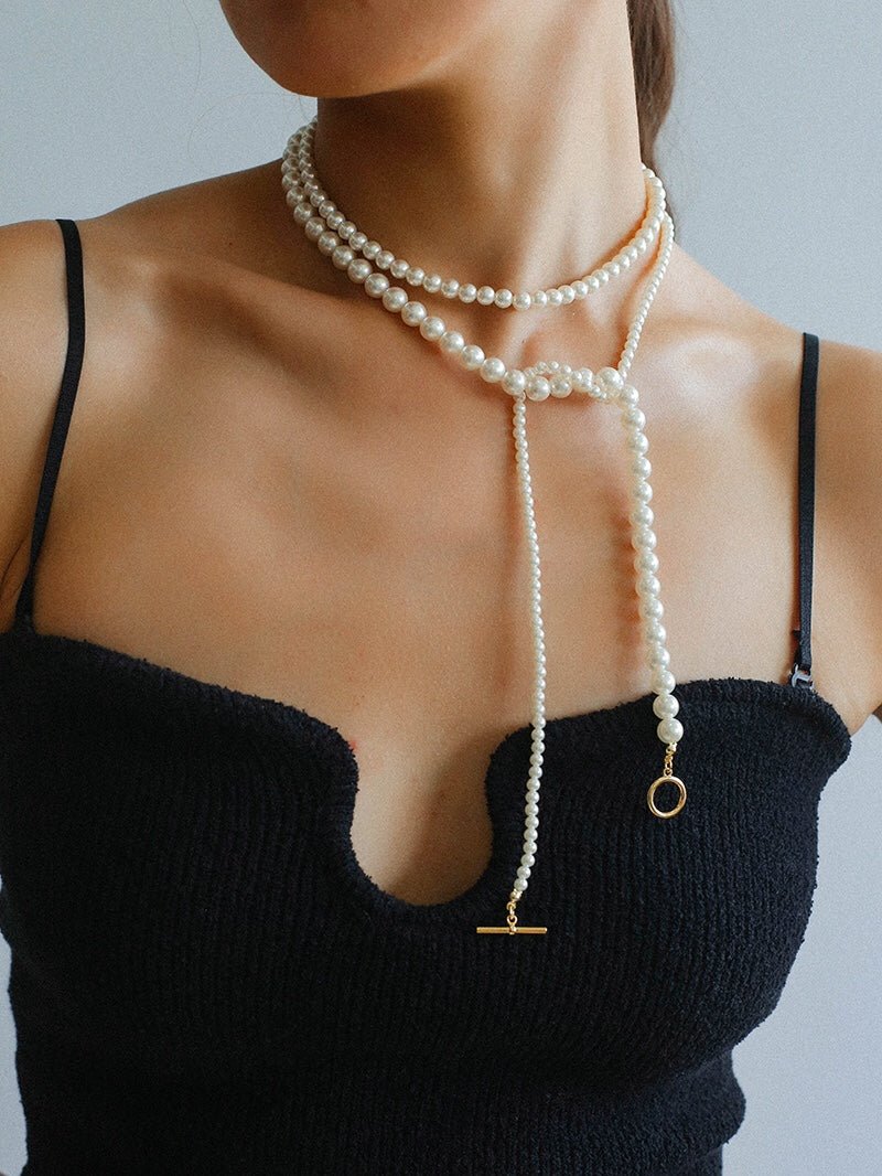 Gradient Pearl Long OT Clasp Necklace Sweater Necklace - floysun