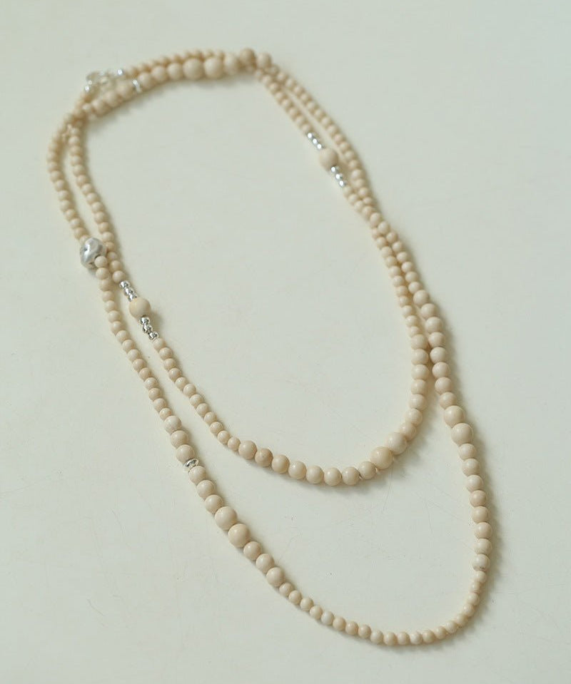 Gradient White Fossil and Silver Bead Long Beaded OT Clasp Necklace - floysun