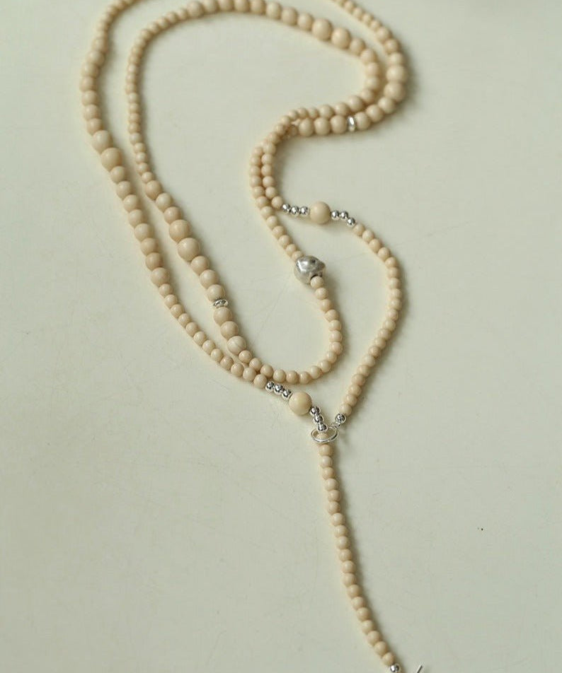 Gradient White Fossil and Silver Bead Long Beaded OT Clasp Necklace - floysun