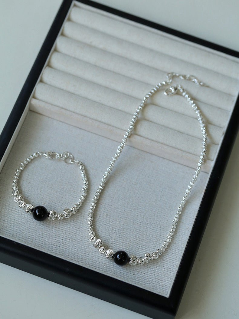 Graduated Silver Bean and Onyx Bracelet - Black Onyx - floysun