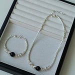 Graduated Silver Bean and Onyx Bracelet - Black Onyx - floysun