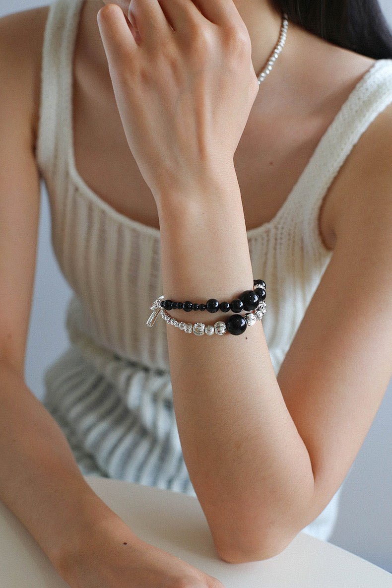 Graduated Silver Bean and Onyx Bracelet - Black Onyx - floysun