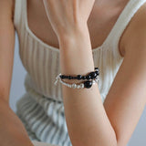 Graduated Silver Bean and Onyx Bracelet - Black Onyx - floysun