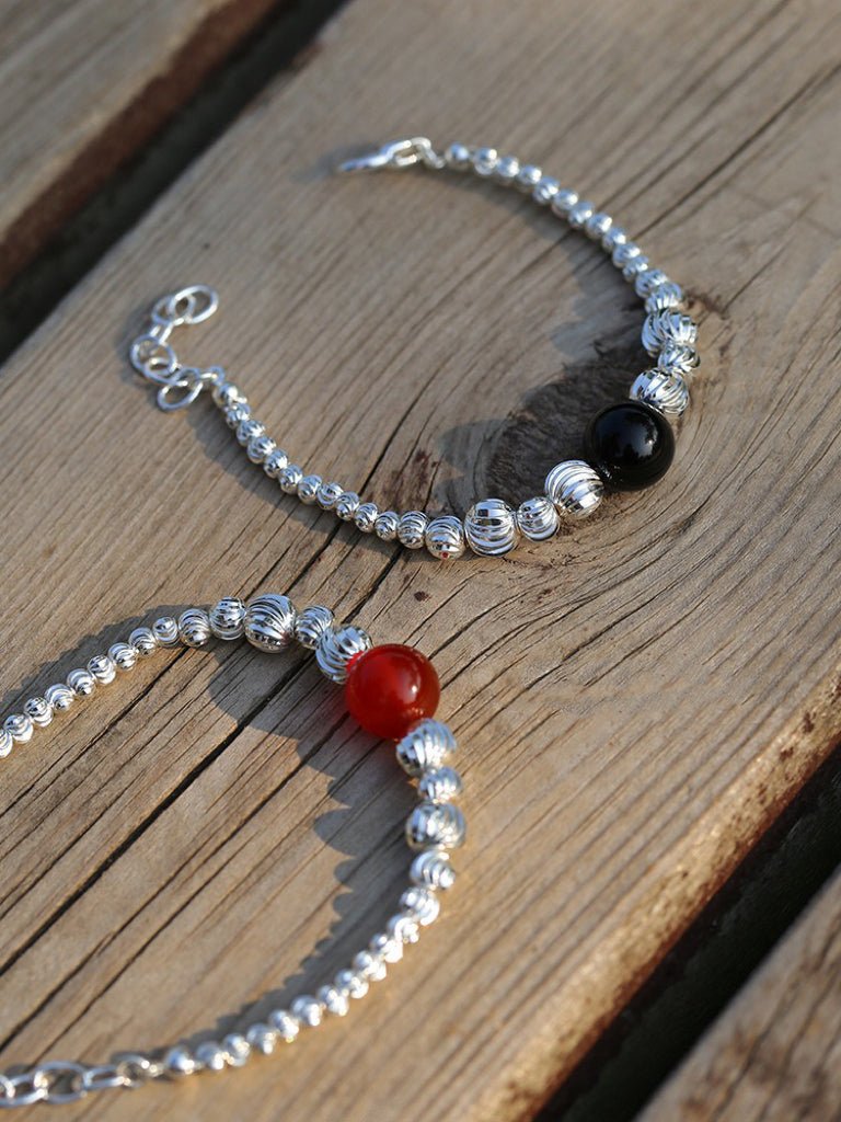 Graduated Silver Bean and Onyx Bracelet - Black Onyx - floysun