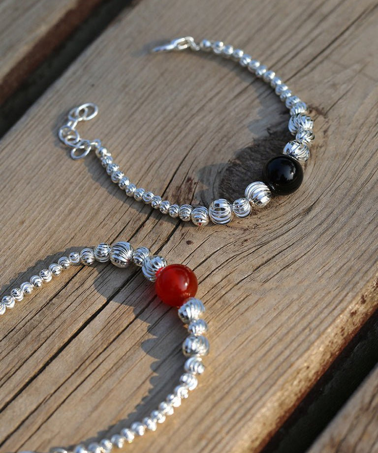 Graduated Silver Bean and Onyx Bracelet - Black Onyx - floysun