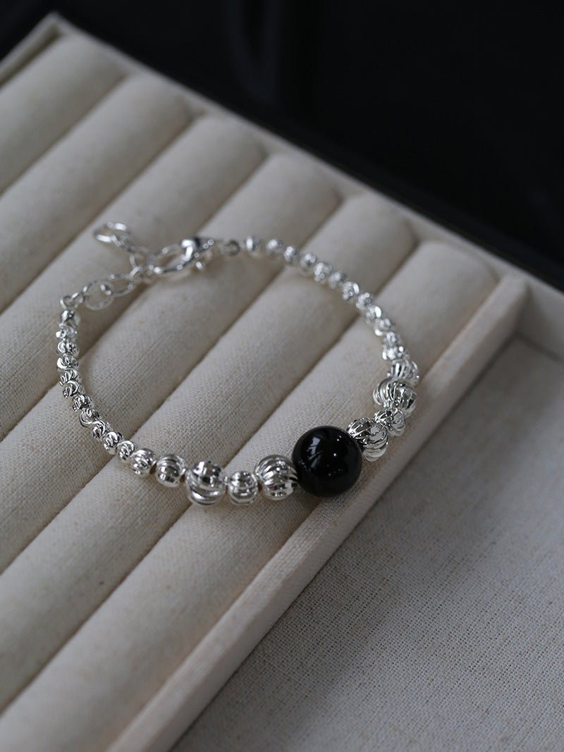 Graduated Silver Bean and Onyx Bracelet - Black Onyx - floysun