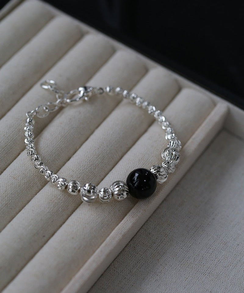 Graduated Silver Bean and Onyx Bracelet - Black Onyx - floysun