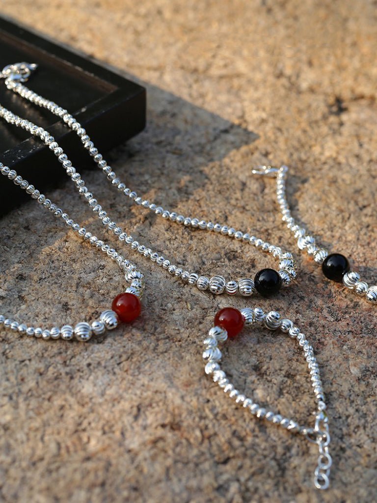 Graduated Silver Bean and Onyx Necklace - floysun