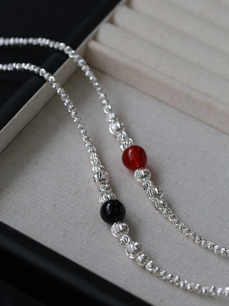 Graduated Silver Bean and Onyx Necklace - floysun