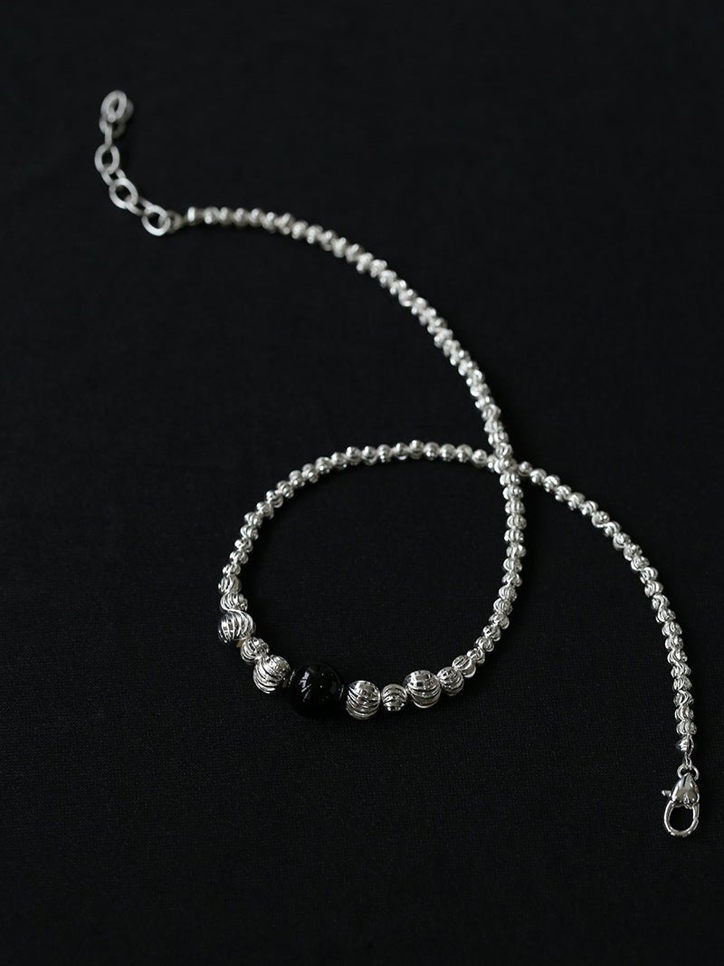 Graduated Silver Bean and Onyx Necklace - Black Onyx - floysun