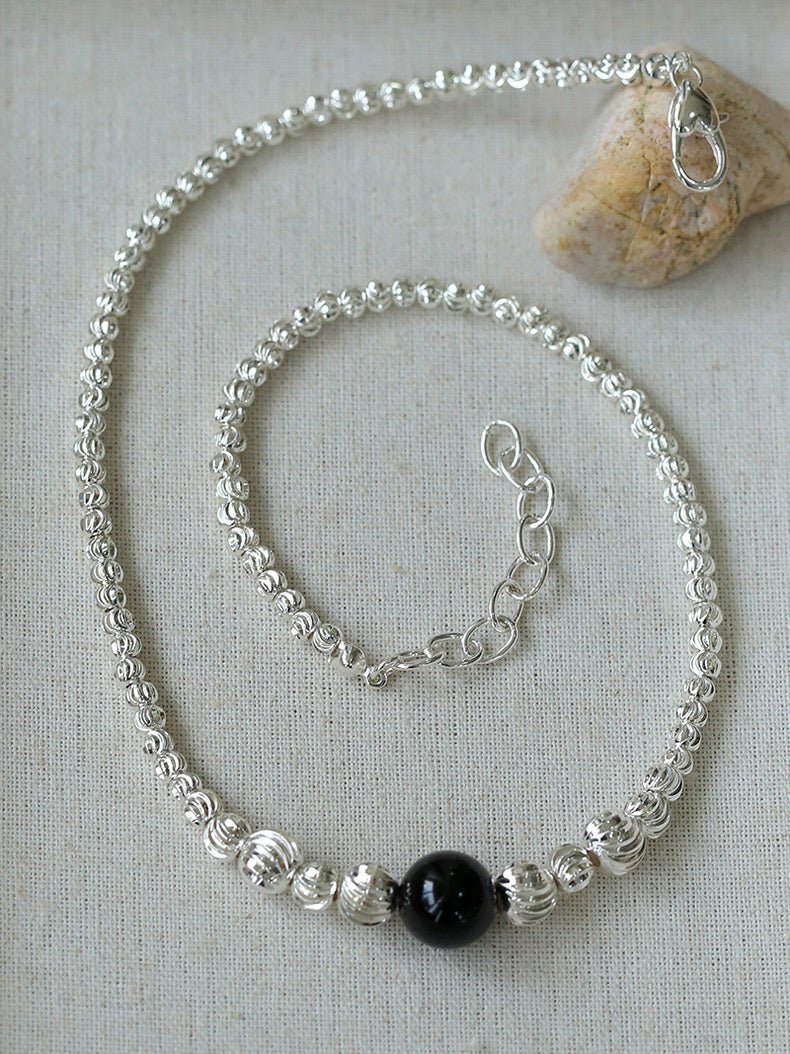 Graduated Silver Bean and Onyx Necklace - Black Onyx - floysun