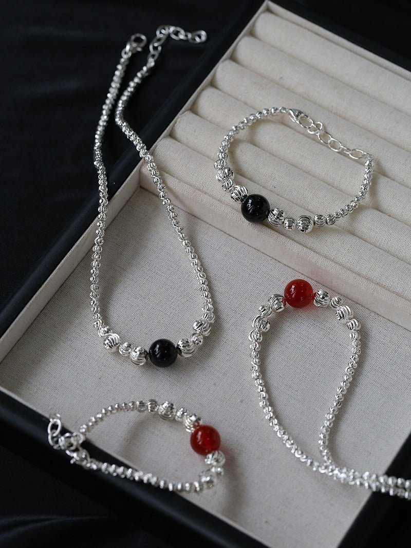 Graduated Silver Bean and Onyx Necklace - Black Onyx - floysun