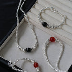 Graduated Silver Bean and Onyx Necklace - Black Onyx - floysun