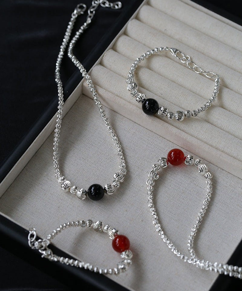 Graduated Silver Bean and Onyx Necklace - Black Onyx - floysun