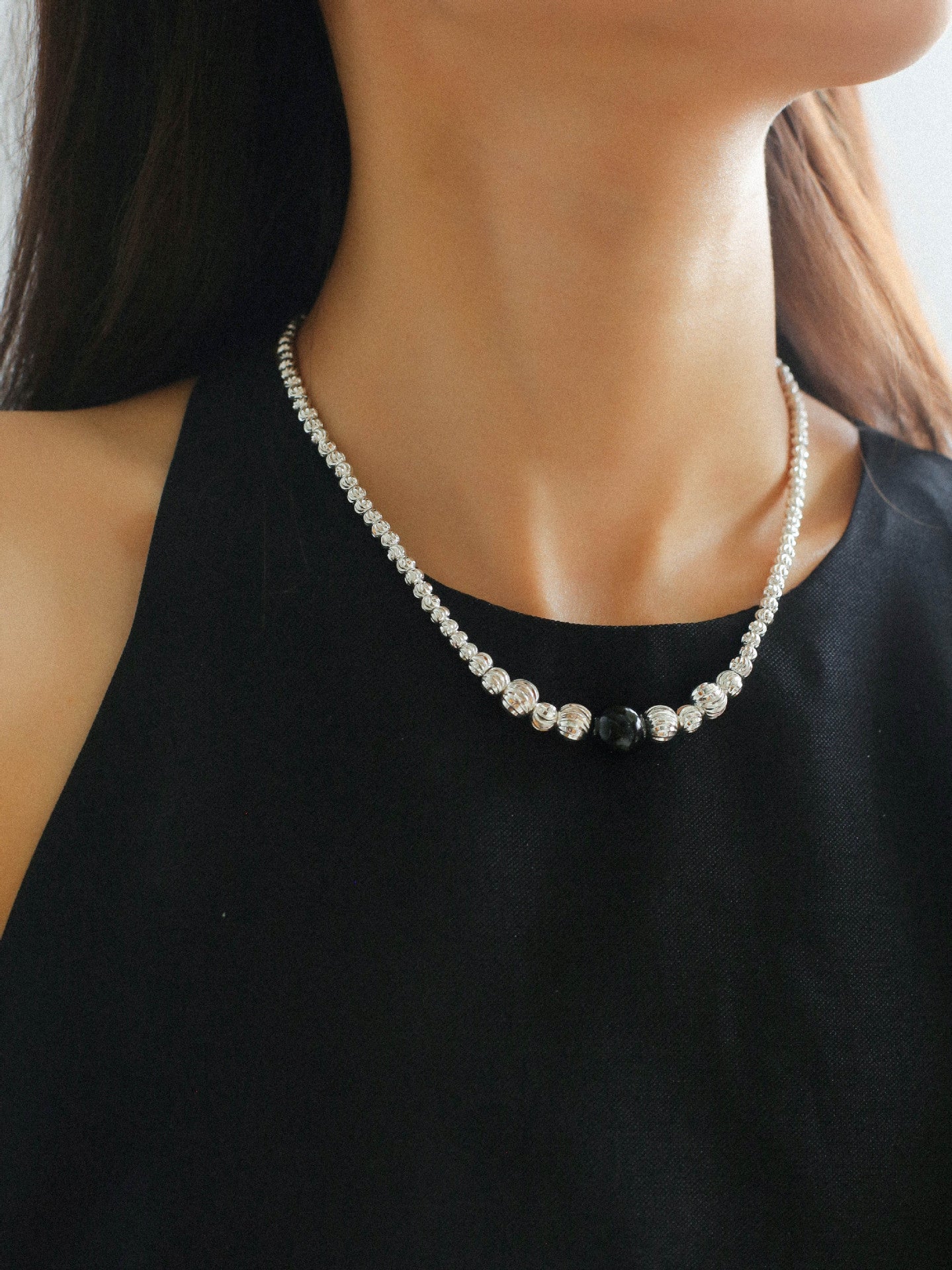 Graduated Silver Bean and Onyx Necklace - Black Onyx - floysun