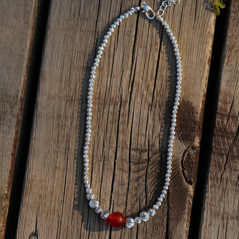 Graduated Silver Bean and Onyx Necklace - Red Onyx - floysun