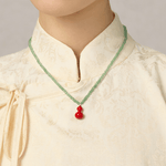 Green Aventurine and Red Enamel Gourd Pendant Necklace - floysun