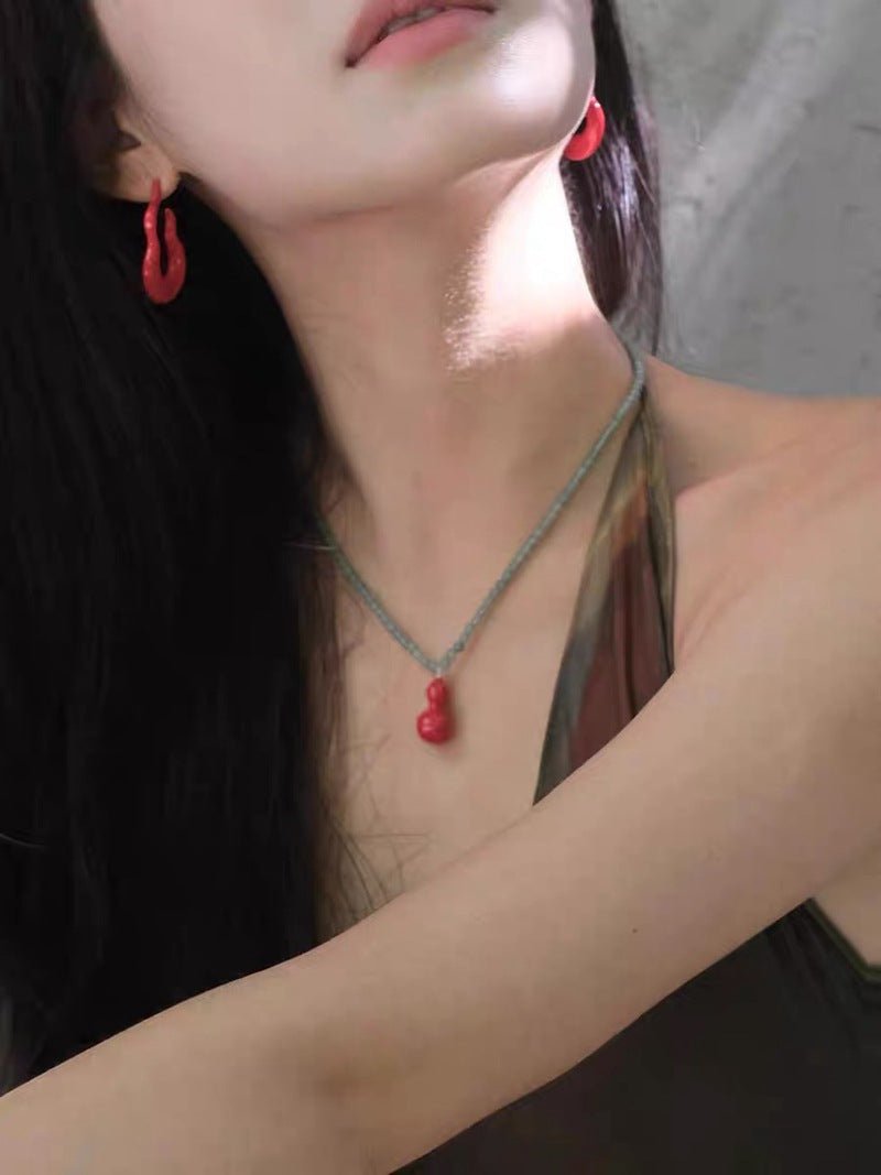 Green Aventurine and Red Enamel Gourd Pendant Necklace - floysun