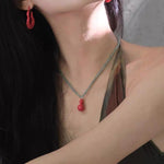 Green Aventurine and Red Enamel Gourd Pendant Necklace - floysun