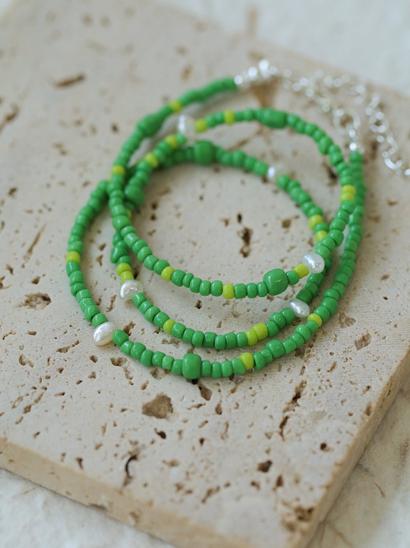 Green Ceramic Rice Bead and Pearl Bead Necklace - floysun