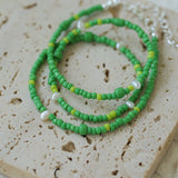 Green Ceramic Rice Bead and Pearl Bead Necklace - floysun