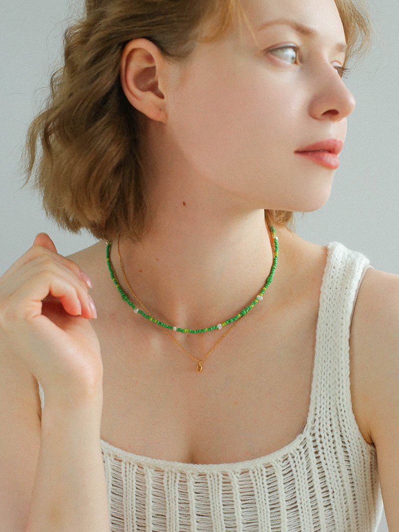 Green Ceramic Rice Bead and Pearl Bead Necklace - floysun