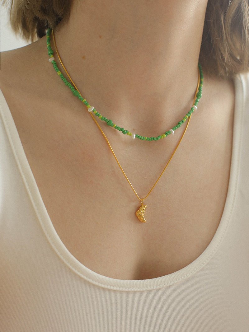 Green Ceramic Rice Bead and Pearl Bead Necklace - floysun