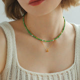 Green Ceramic Rice Bead and Pearl Bead Necklace - floysun