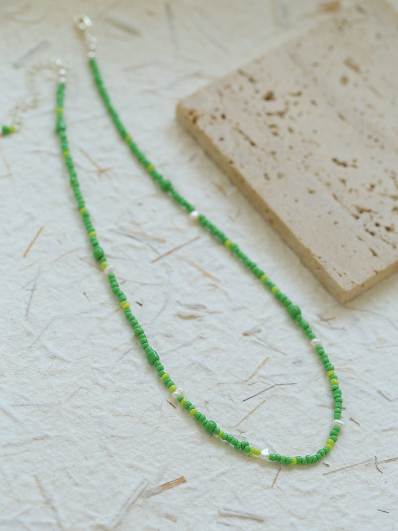 Green Ceramic Rice Bead and Pearl Bead Necklace - floysun