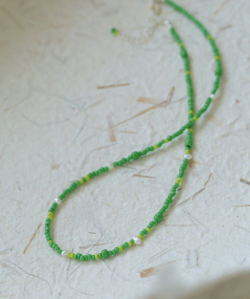 Green Ceramic Rice Bead and Pearl Bead Necklace - floysun