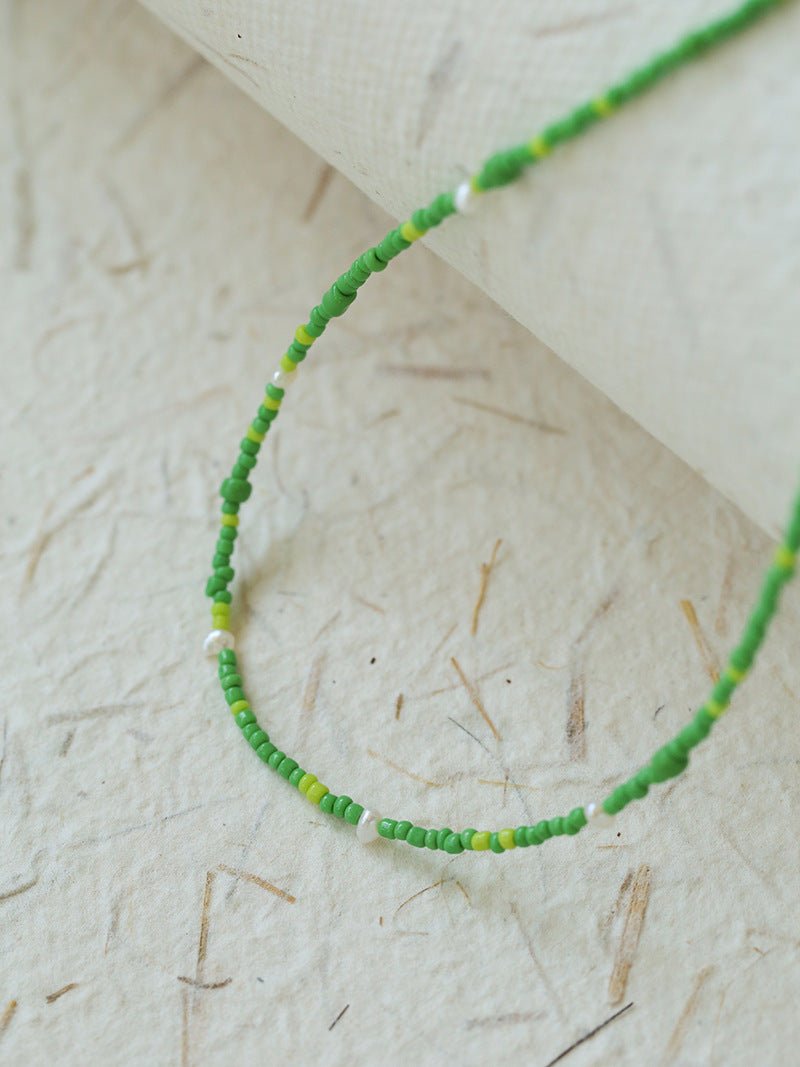 Green Ceramic Rice Bead and Pearl Bead Necklace - floysun