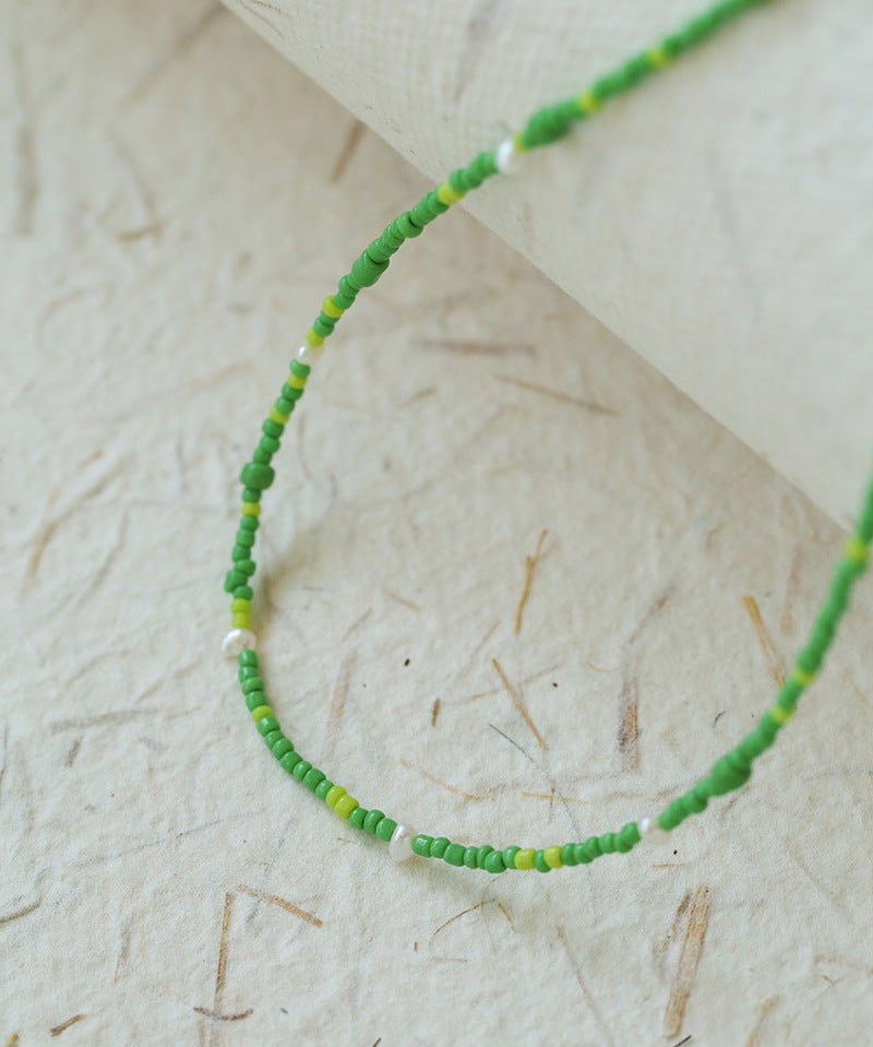 Green Ceramic Rice Bead and Pearl Bead Necklace - floysun