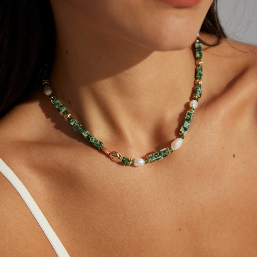 Green Cubic Jade and Pearl Beaded Necklace - floysun