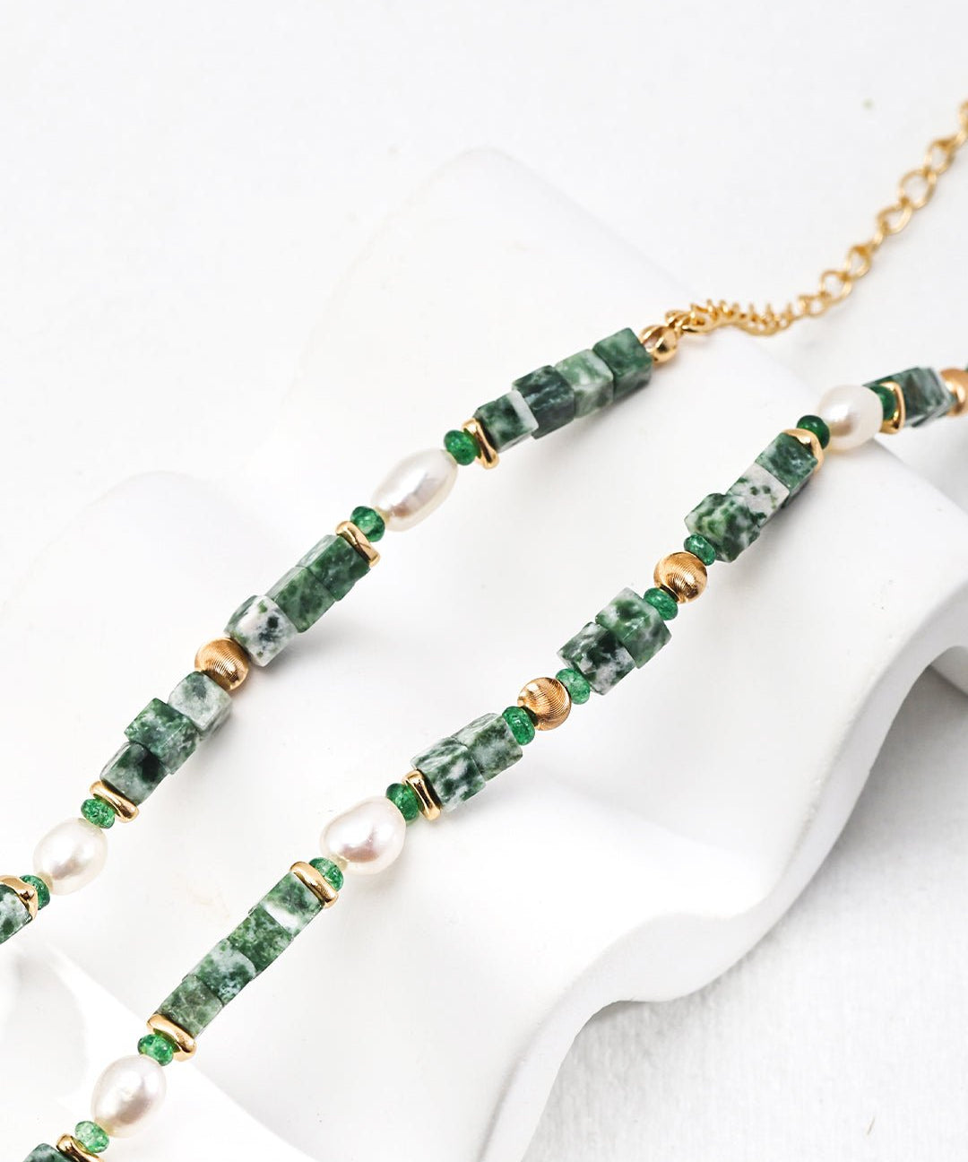 Green Cubic Jade and Pearl Beaded Necklace - floysun