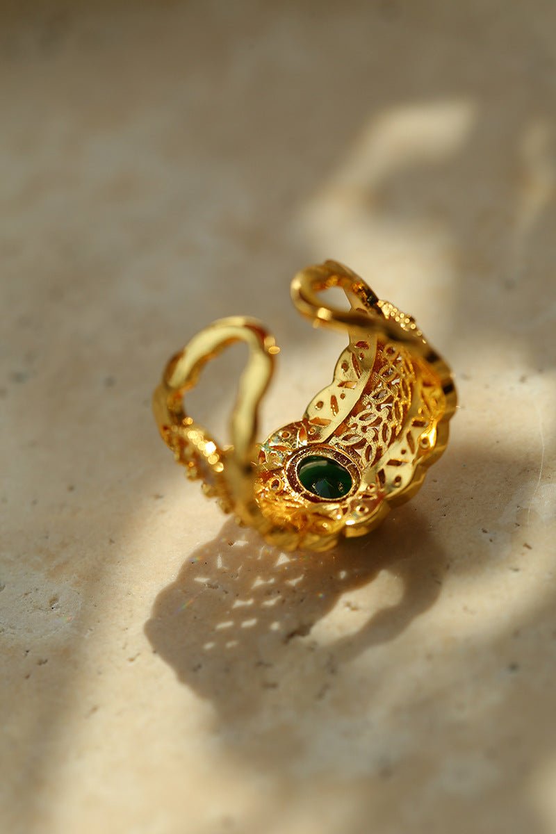 Green Gemstone Hollow Wide Face Open Ring - floysun