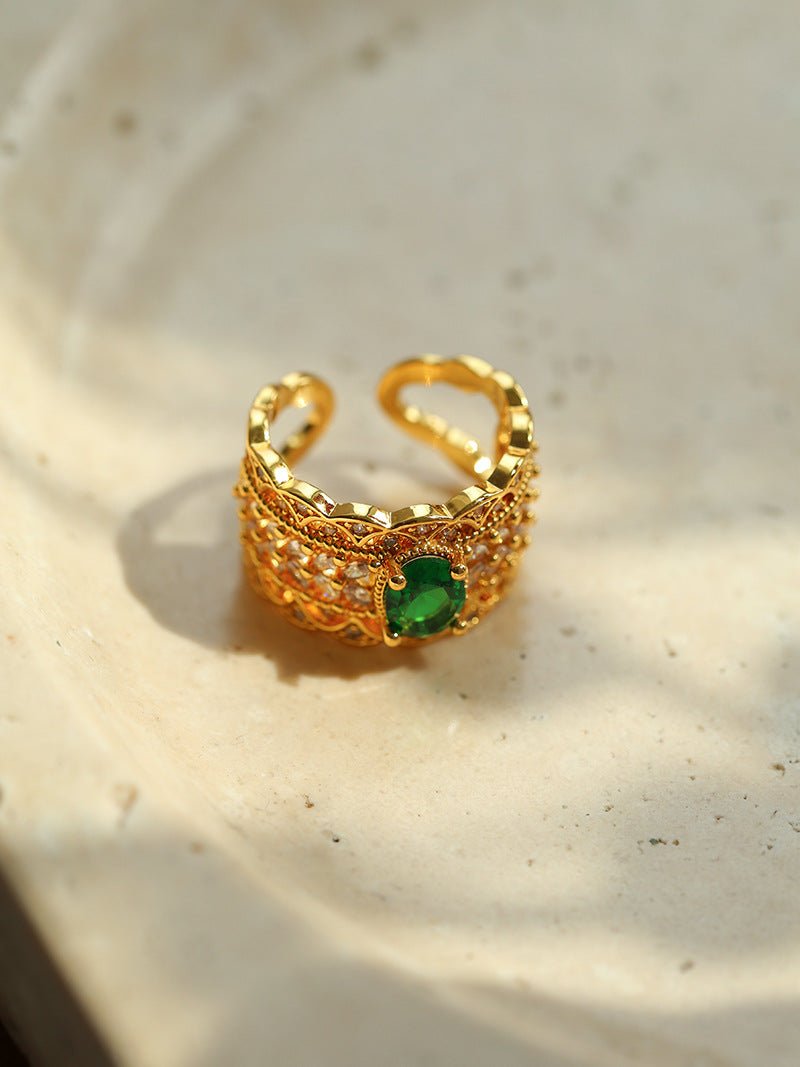 Green Gemstone Hollow Wide Face Open Ring - floysun